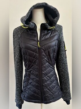 HFX Hybrid Puffer Jacket Small Black Gray Hooded Quilted NWOT